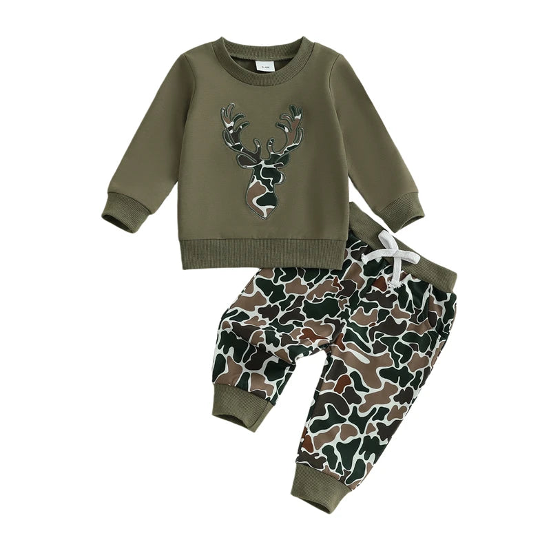 Toddler Baby Boys Fall Clothes Reindeer Head Embroidery Long Sleeve Round Neck Pullover Tops Elastic Waist Camouflage Pants