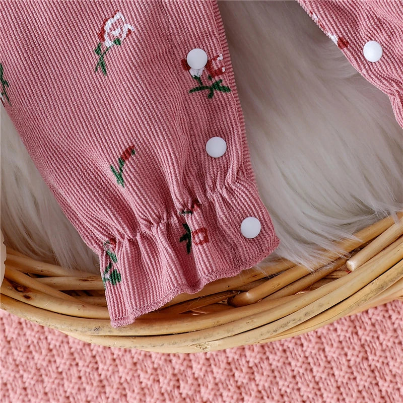 New Autumn Newborn Baby Girls Long Sleeve Romper Floral Print Fake Two Pieces Patchwork Bow Jumpsuits and Cute Headband Set