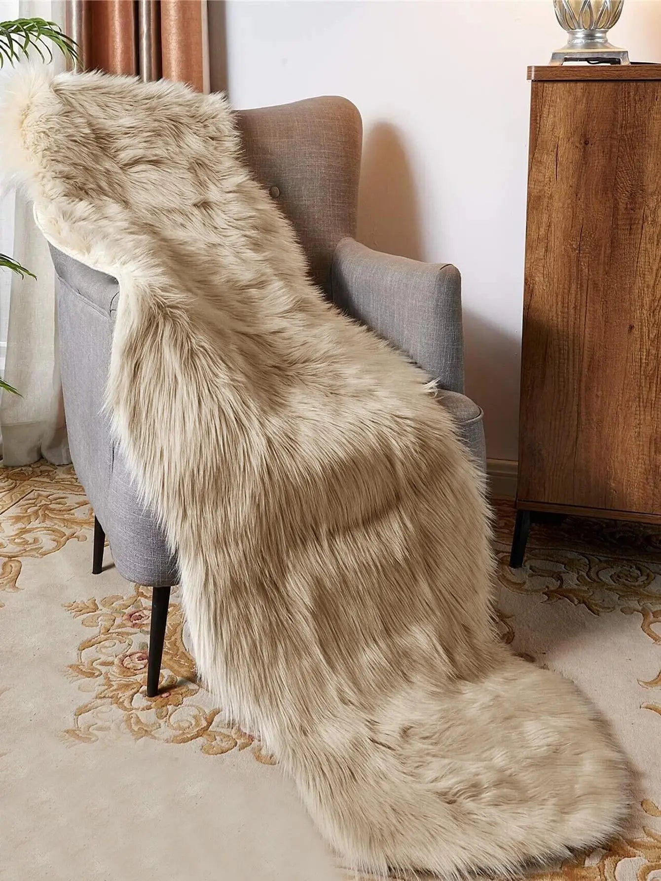 1 faux fur khaki large wave floor mat, bathroom, bedroom, living room, bay window, carpet, home decoration