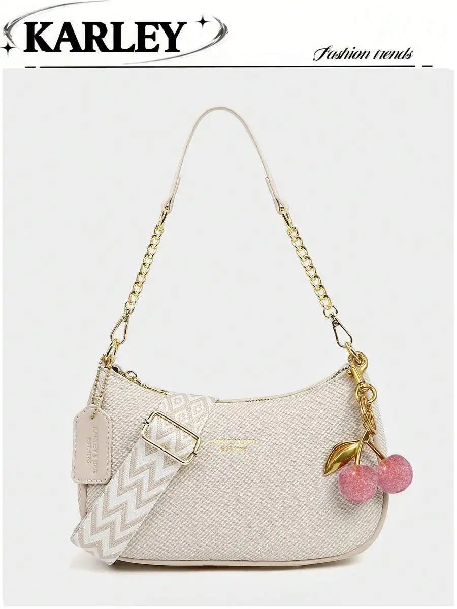 2025 New Fashion Crescent PU Leather Shoulder Bag with Cherry Charm, Crossbody or Underarm Wear