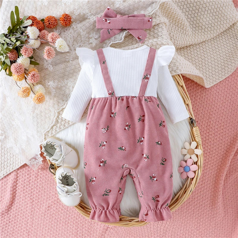 New Autumn Newborn Baby Girls Long Sleeve Romper Floral Print Fake Two Pieces Patchwork Bow Jumpsuits and Cute Headband Set