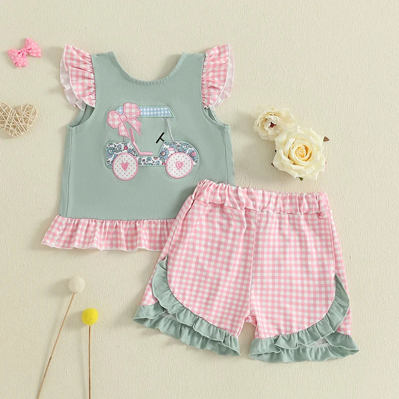 Adorable Infant Girl s Summer Ensemble Cute Golf Cart Embroidered Flutter Sleeve Top with Plaid Print Shorts 2-Piece Set