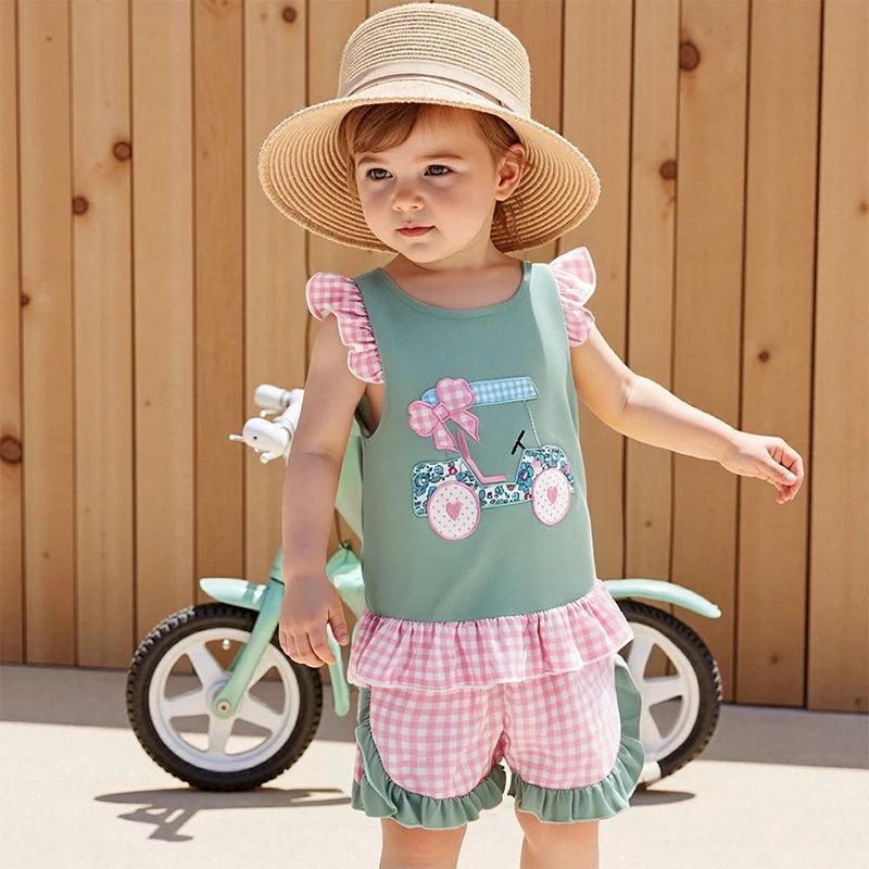 Adorable Infant Girl s Summer Ensemble Cute Golf Cart Embroidered Flutter Sleeve Top with Plaid Print Shorts 2-Piece Set