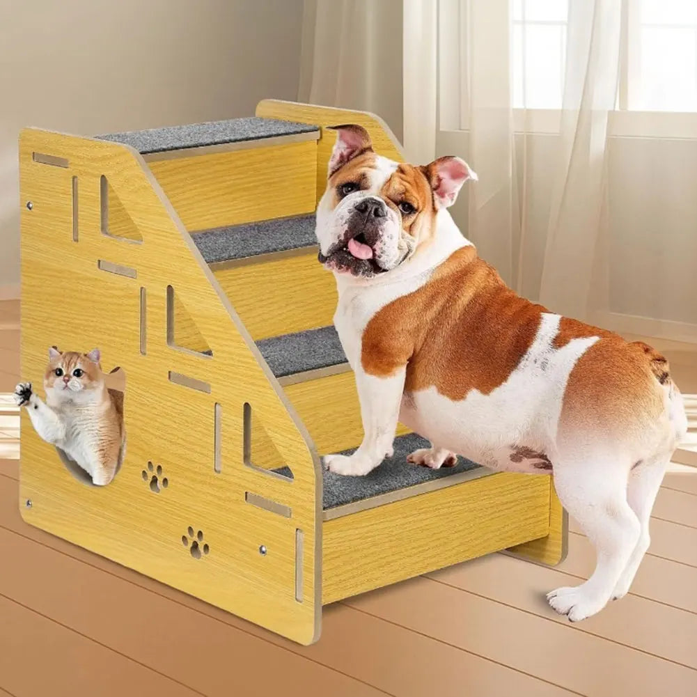 4-Step Wooden Pet Stairs Nonslip Carpeted Indoor Pet Steps Dog Stairs Ramp Pet Furniture for Dogs and Cats for Bed