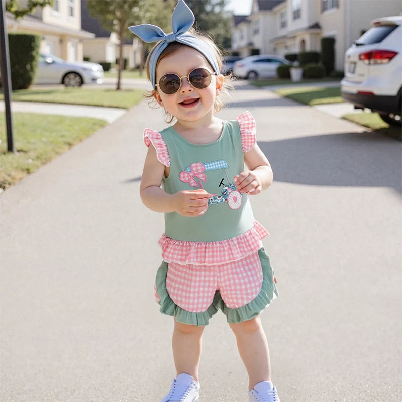 Adorable Infant Girl s Summer Ensemble Cute Golf Cart Embroidered Flutter Sleeve Top with Plaid Print Shorts 2-Piece Set