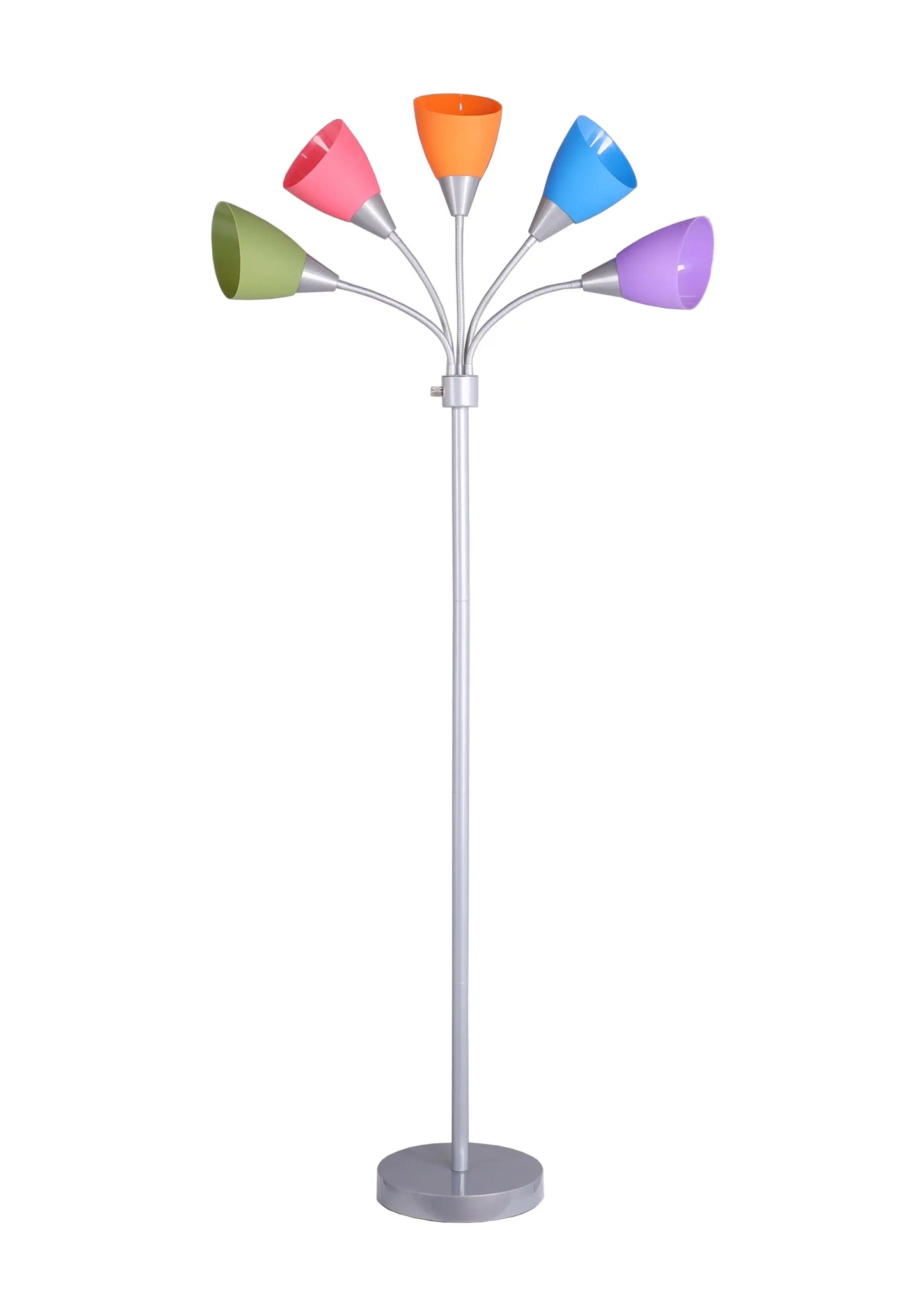 5 Light Floor Lamp, Multi-Color Shades, Metal Silver Finish, Modern, Young Adult Use