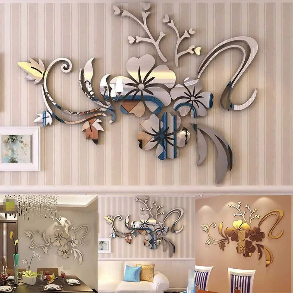 Acrylic Flower Mirror 3D Decorative Wall Stickers, Art Muralist for Bedroom Background Decoration Bathroom sign Islamic wall art