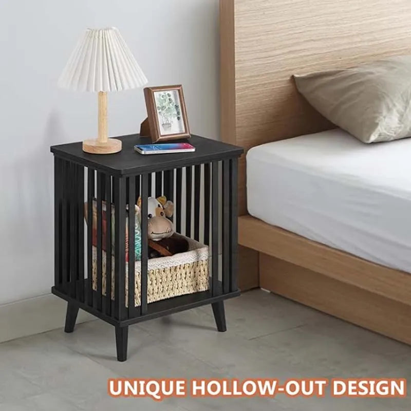 Black Nightstand with Large Capacity Bamboo End Side Table Bedside Furniture for Bedroom Dorm Easy Assembly, 20" Height