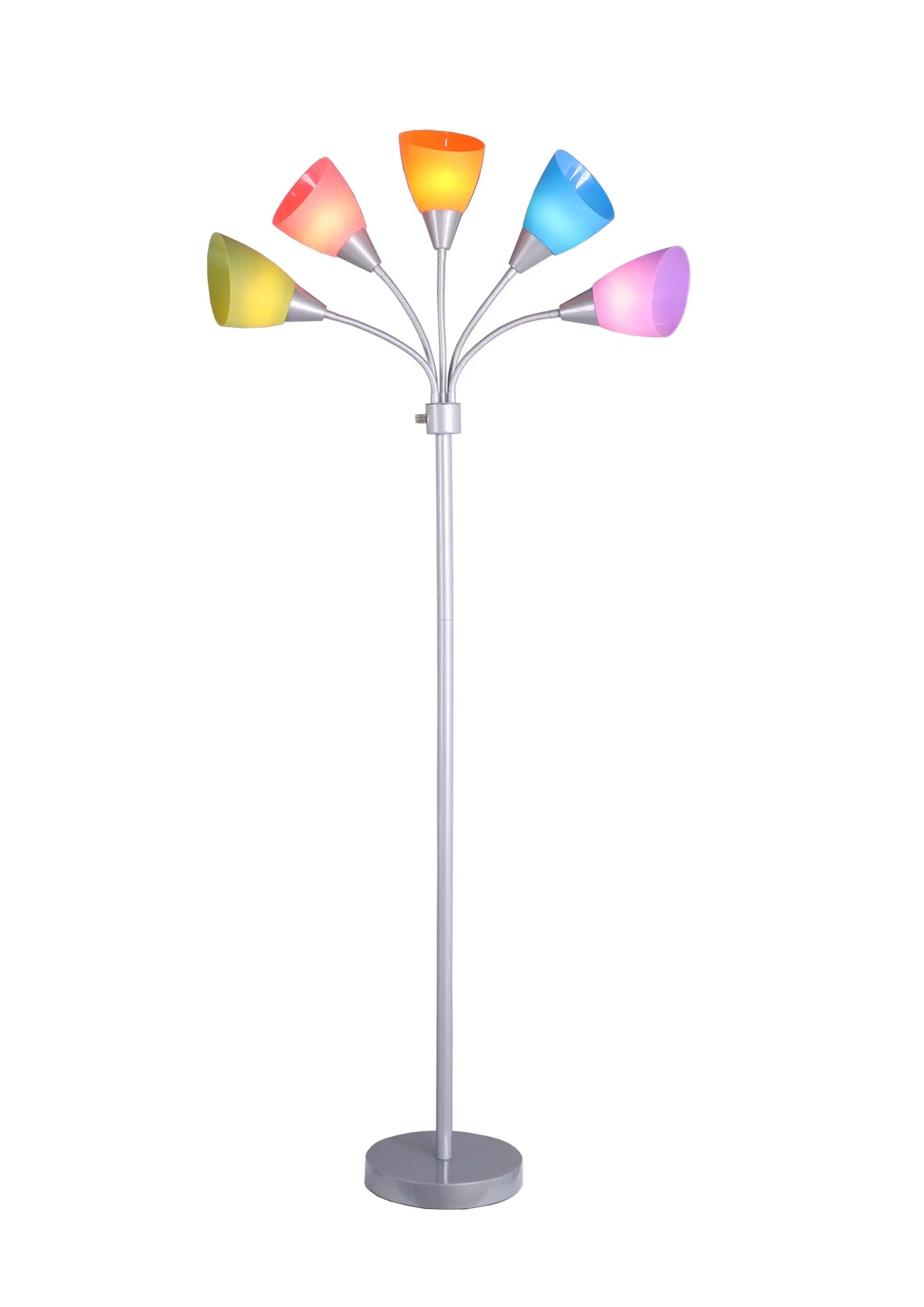 5 Light Floor Lamp, Multi-Color Shades, Metal Silver Finish, Modern, Young Adult Use