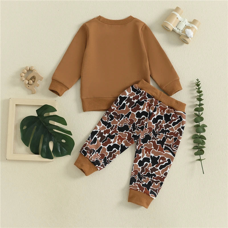 Toddler Baby Boys Fall Clothes Reindeer Head Embroidery Long Sleeve Round Neck Pullover Tops Elastic Waist Camouflage Pants