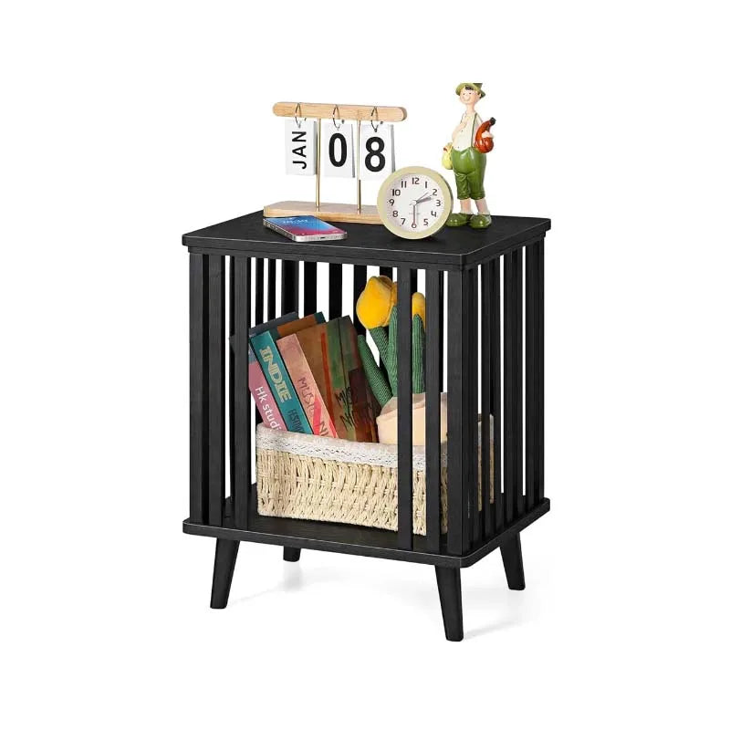 Black Nightstand with Large Capacity Bamboo End Side Table Bedside Furniture for Bedroom Dorm Easy Assembly, 20" Height