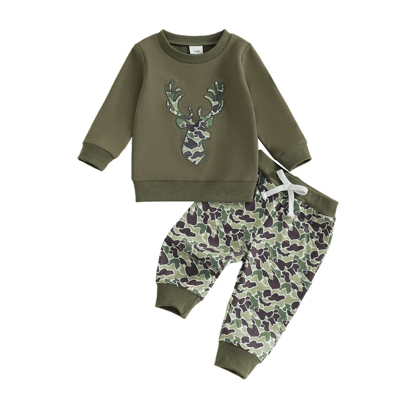 Toddler Baby Boys Fall Clothes Reindeer Head Embroidery Long Sleeve Round Neck Pullover Tops Elastic Waist Camouflage Pants