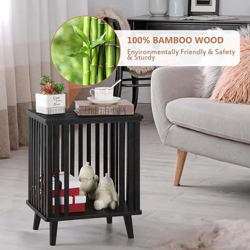 Black Nightstand with Large Capacity Bamboo End Side Table Bedside Furniture for Bedroom Dorm Easy Assembly, 20" Height