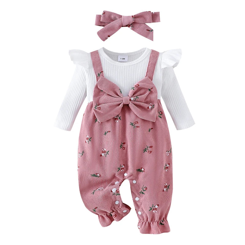 New Autumn Newborn Baby Girls Long Sleeve Romper Floral Print Fake Two Pieces Patchwork Bow Jumpsuits and Cute Headband Set