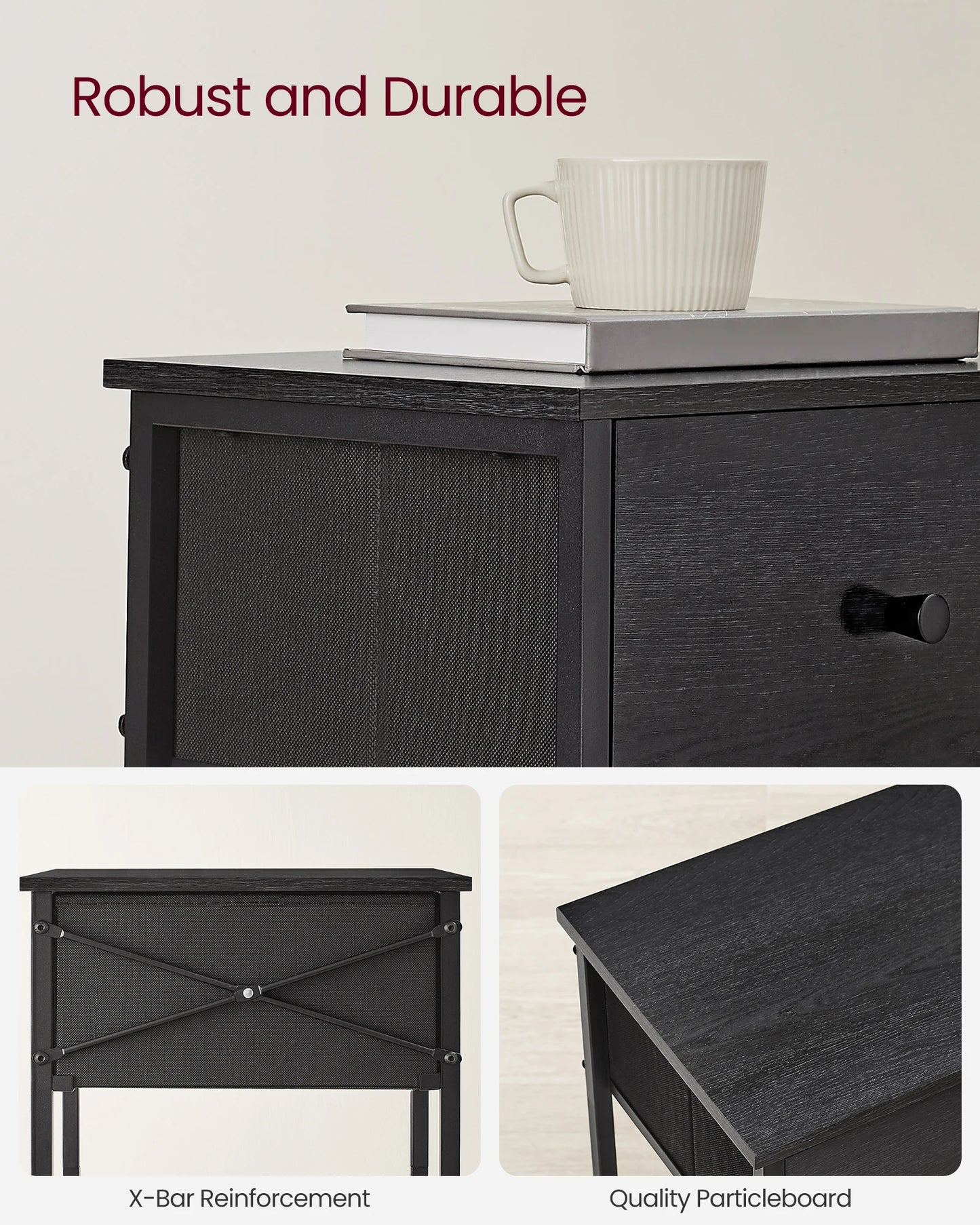 VASAGLE Nightstand, Side Table with Fabric Drawer, 24-Inch Tall End Table with Storage Shelf