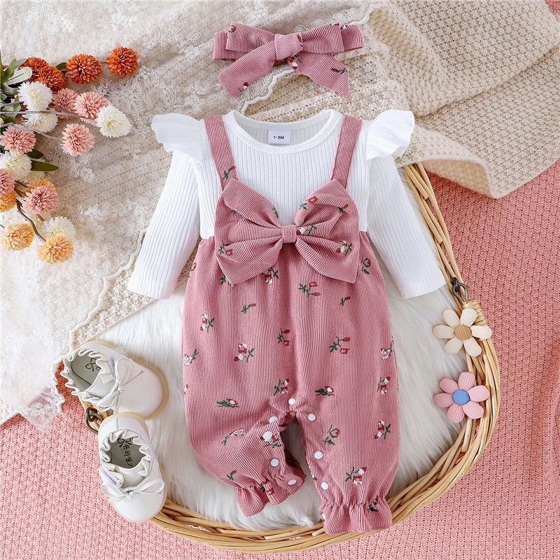 New Autumn Newborn Baby Girls Long Sleeve Romper Floral Print Fake Two Pieces Patchwork Bow Jumpsuits and Cute Headband Set