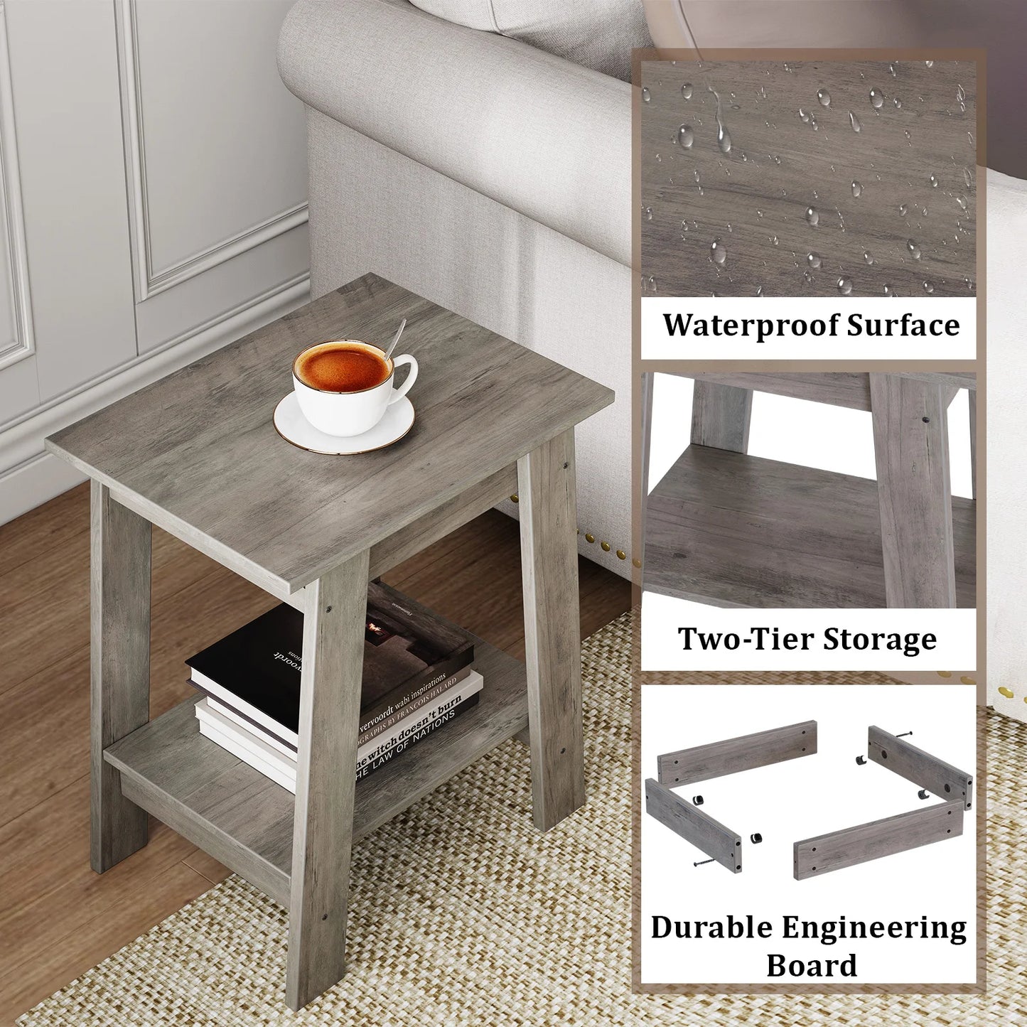 2-Tier End Table Storage Shelf Sofa Side Table for Small Space Square Nightstand for Entryway Farmhouse Living Room
