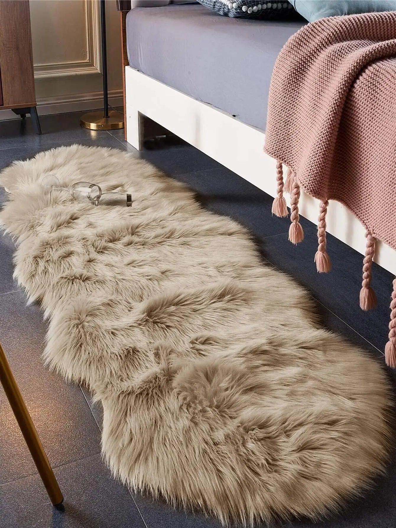 1 faux fur khaki large wave floor mat, bathroom, bedroom, living room, bay window, carpet, home decoration