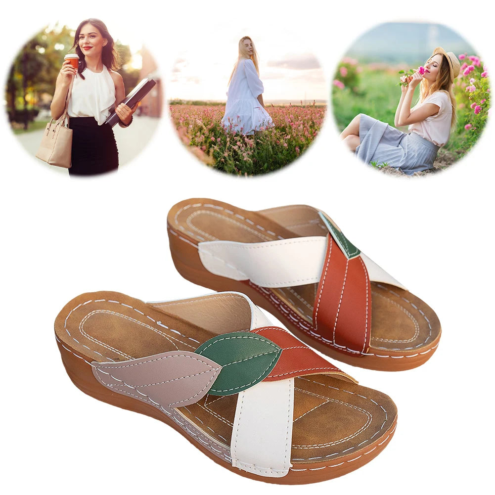 Women Summer Sandals Non Slip Wedge Slides Breathable Slip On Footwear Platform Cross Strap Slippers for Outdoor Travel