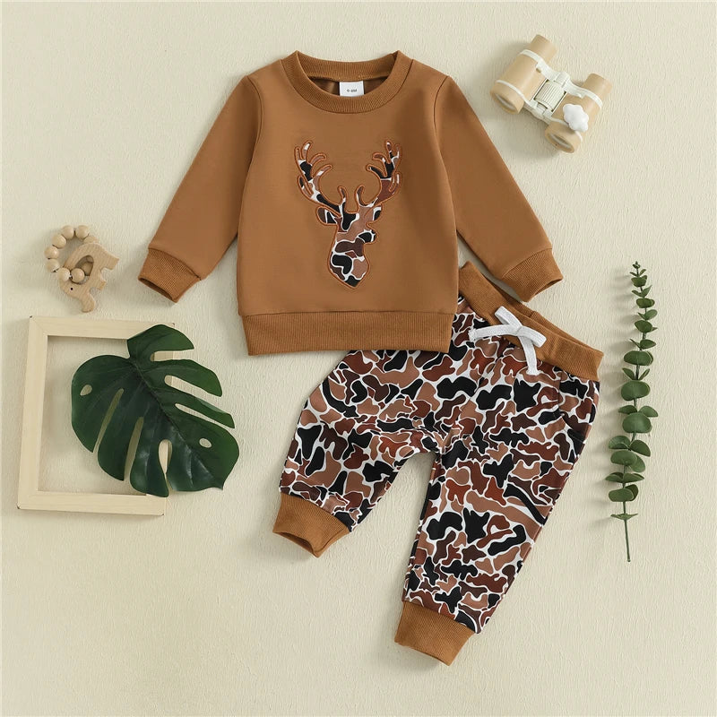 Toddler Baby Boys Fall Clothes Reindeer Head Embroidery Long Sleeve Round Neck Pullover Tops Elastic Waist Camouflage Pants