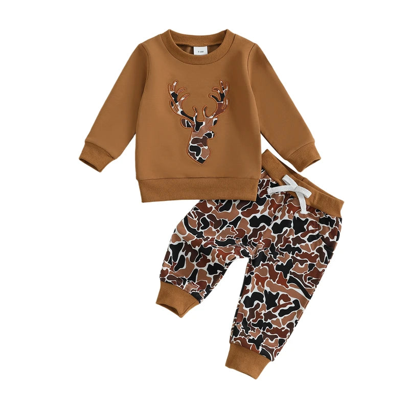 Toddler Baby Boys Fall Clothes Reindeer Head Embroidery Long Sleeve Round Neck Pullover Tops Elastic Waist Camouflage Pants