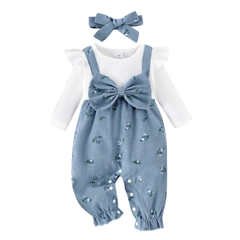 New Autumn Newborn Baby Girls Long Sleeve Romper Floral Print Fake Two Pieces Patchwork Bow Jumpsuits and Cute Headband Set