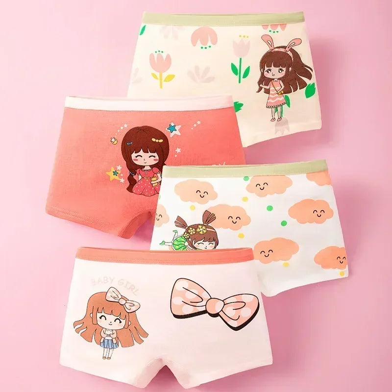 4Pcs/lot Kids Panties Chirdrens Underwear Lovely Girls Cartoon Print Briefs Floral Grid Cute Pants Baby Cotton Underpants 2-14Y