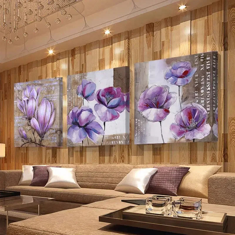 3 Panel Purple Flowers Posters Wall Art Canvas Pictures Home Decor Modern Paintings Accessories Living Room Bedroom Decoration