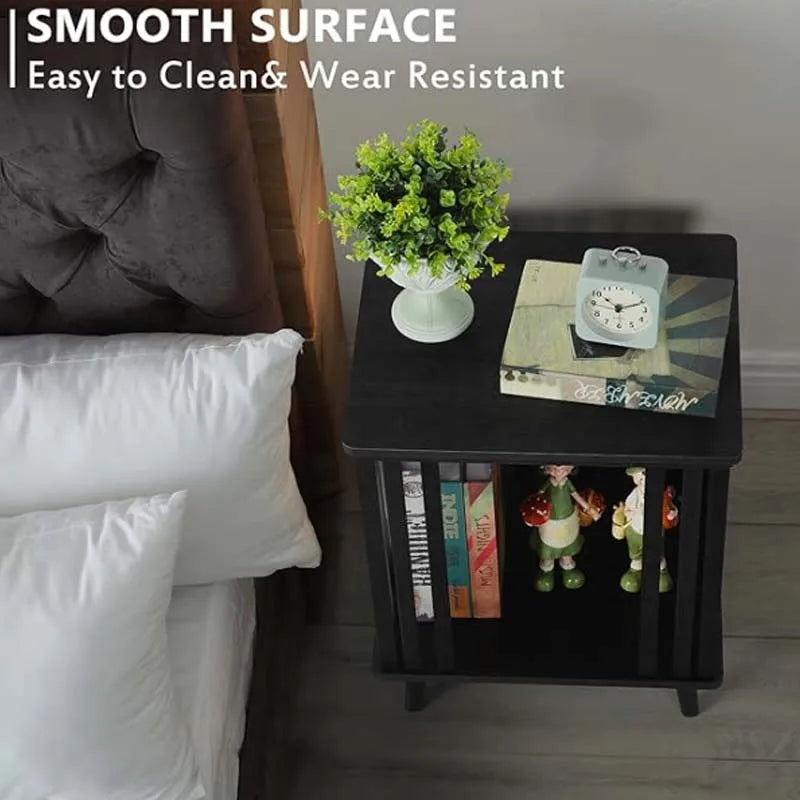 Black Nightstand with Large Capacity Bamboo End Side Table Bedside Furniture for Bedroom Dorm Easy Assembly, 20" Height