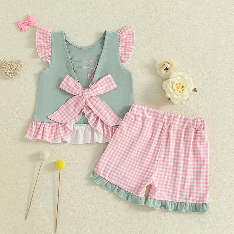 Adorable Infant Girl s Summer Ensemble Cute Golf Cart Embroidered Flutter Sleeve Top with Plaid Print Shorts 2-Piece Set