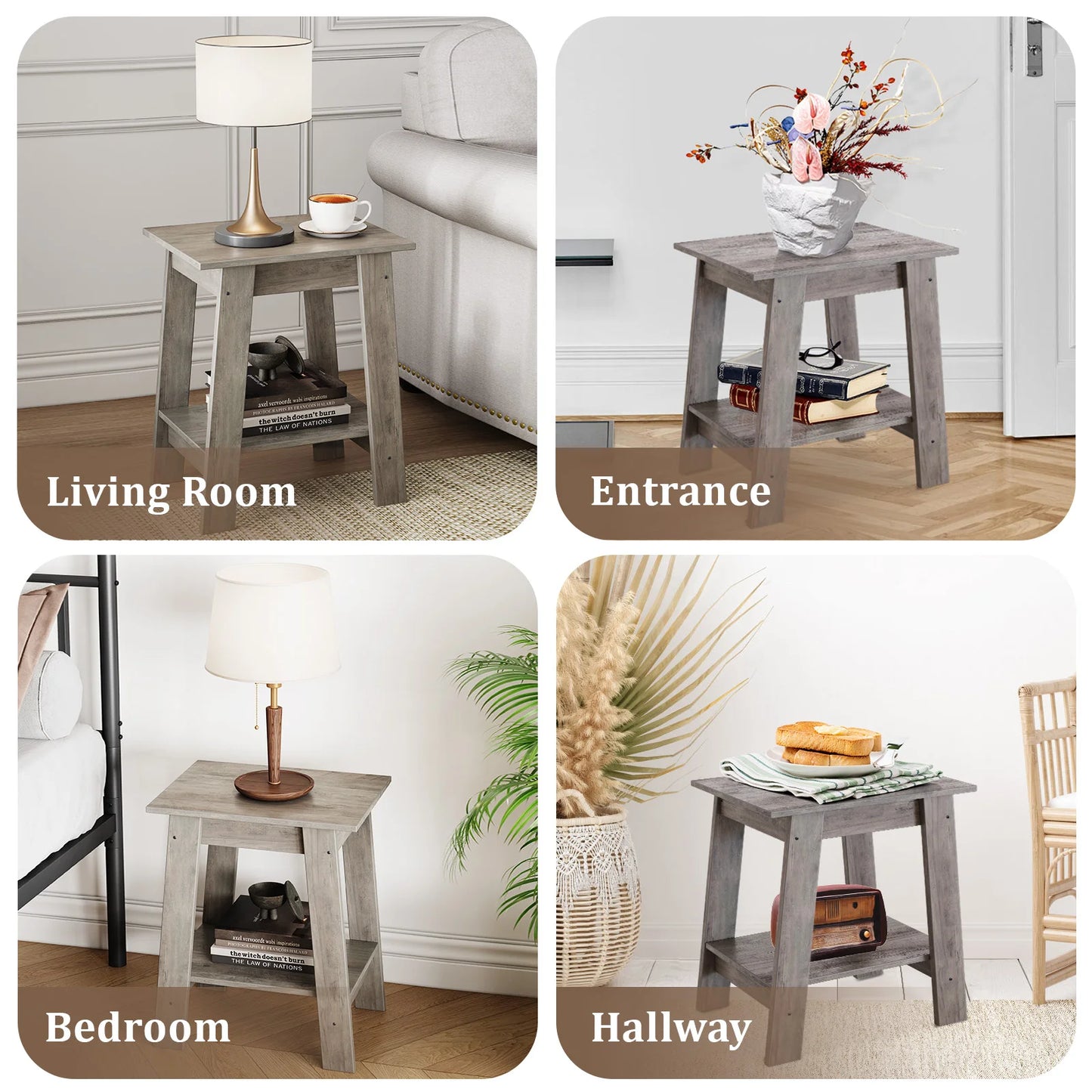 2-Tier End Table Storage Shelf Sofa Side Table for Small Space Square Nightstand for Entryway Farmhouse Living Room