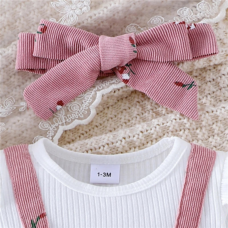 New Autumn Newborn Baby Girls Long Sleeve Romper Floral Print Fake Two Pieces Patchwork Bow Jumpsuits and Cute Headband Set