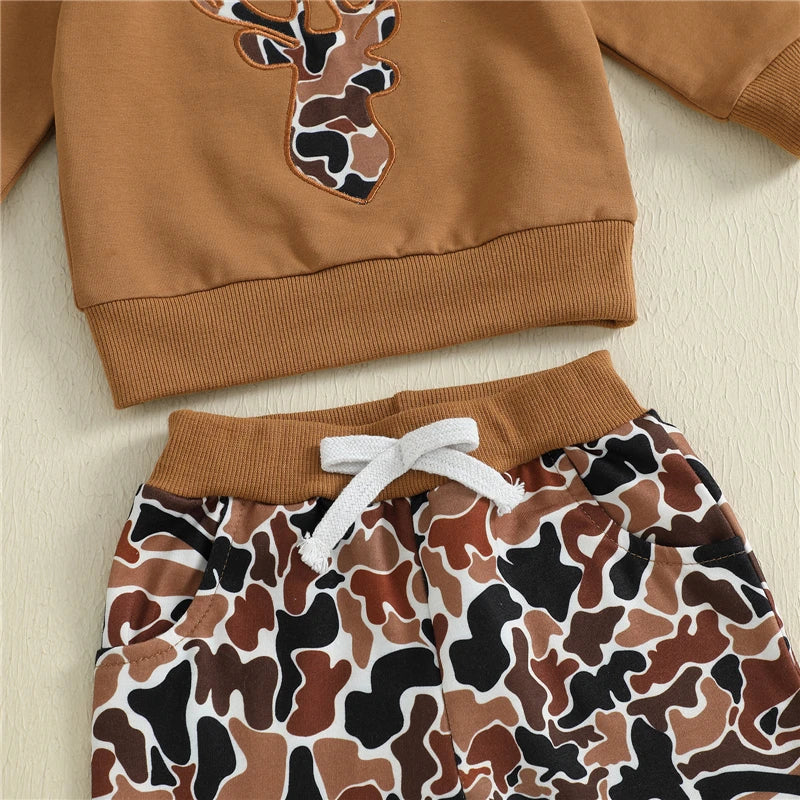 Toddler Baby Boys Fall Clothes Reindeer Head Embroidery Long Sleeve Round Neck Pullover Tops Elastic Waist Camouflage Pants