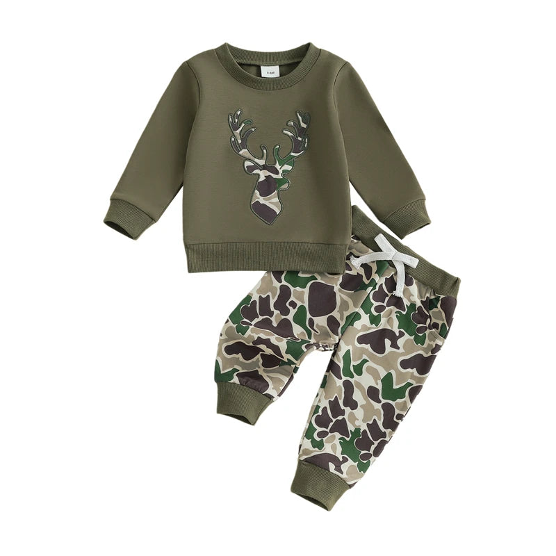 Toddler Baby Boys Fall Clothes Reindeer Head Embroidery Long Sleeve Round Neck Pullover Tops Elastic Waist Camouflage Pants