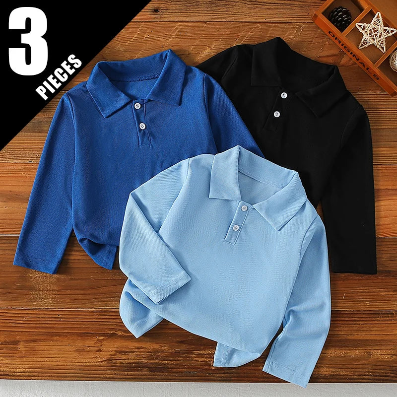 1/2/3 Pcs Autumn And Winter Children's Solid Color Simple Long Sleeved Polo Shirt Boys Handsome Top Girls Sweet And Cute Lapel T