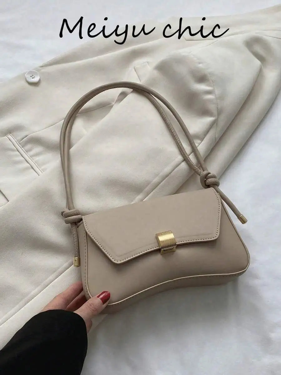 Minimalist Black PU Crossbody Bag with Gold Buckle and Knotted Strap