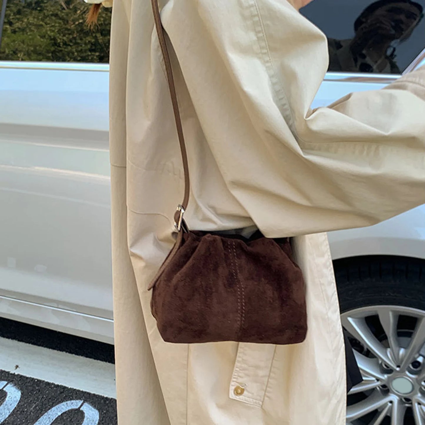 PU Crossbody Purse Drawstring Shoulder Bag Tote Handbag Brown Solid Color Lightweight Drawstring Shoulder Bag for Women Daily