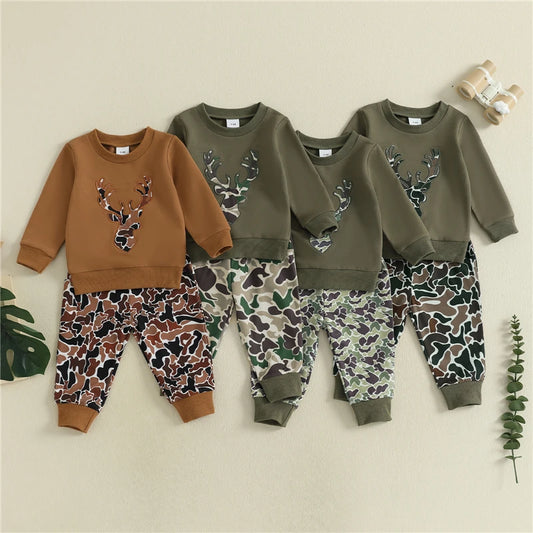 Toddler Baby Boys Fall Clothes Reindeer Head Embroidery Long Sleeve Round Neck Pullover Tops Elastic Waist Camouflage Pants