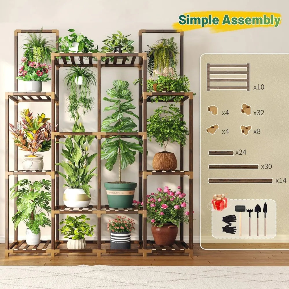 enhomee plant stand indoor tall plant stand outdoor large wood plant shelf indoor for 14 pots plants,4-tier