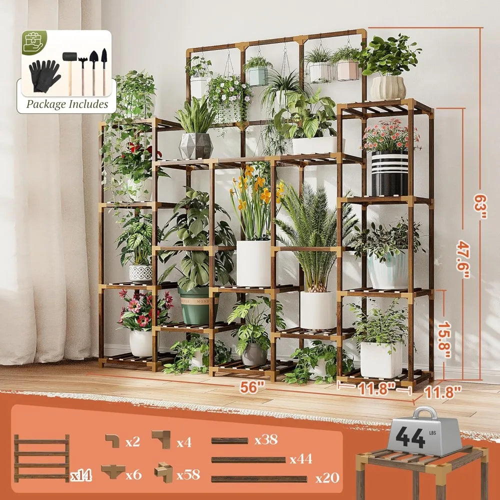 63''H Plant Stand Indoor Tall Plant Stands Outdoor with 7 Tiers and 14 Potted Upgrade Wood Plants Shelves Stand 600 LBS