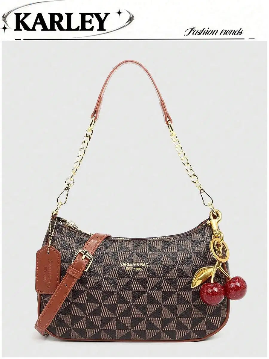 2025 New Fashion Crescent PU Leather Shoulder Bag with Cherry Charm, Crossbody or Underarm Wear