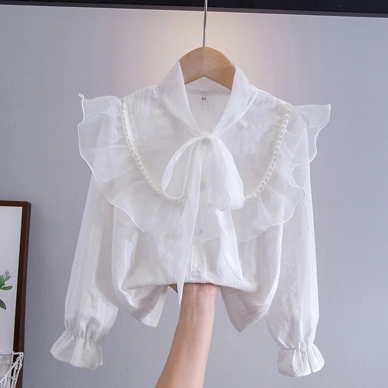 2025 Spring and Autumn New Girls' Bottom Shirt Children's Top Bow and Lotus Leaf Edge Shirt Blouse for Girls