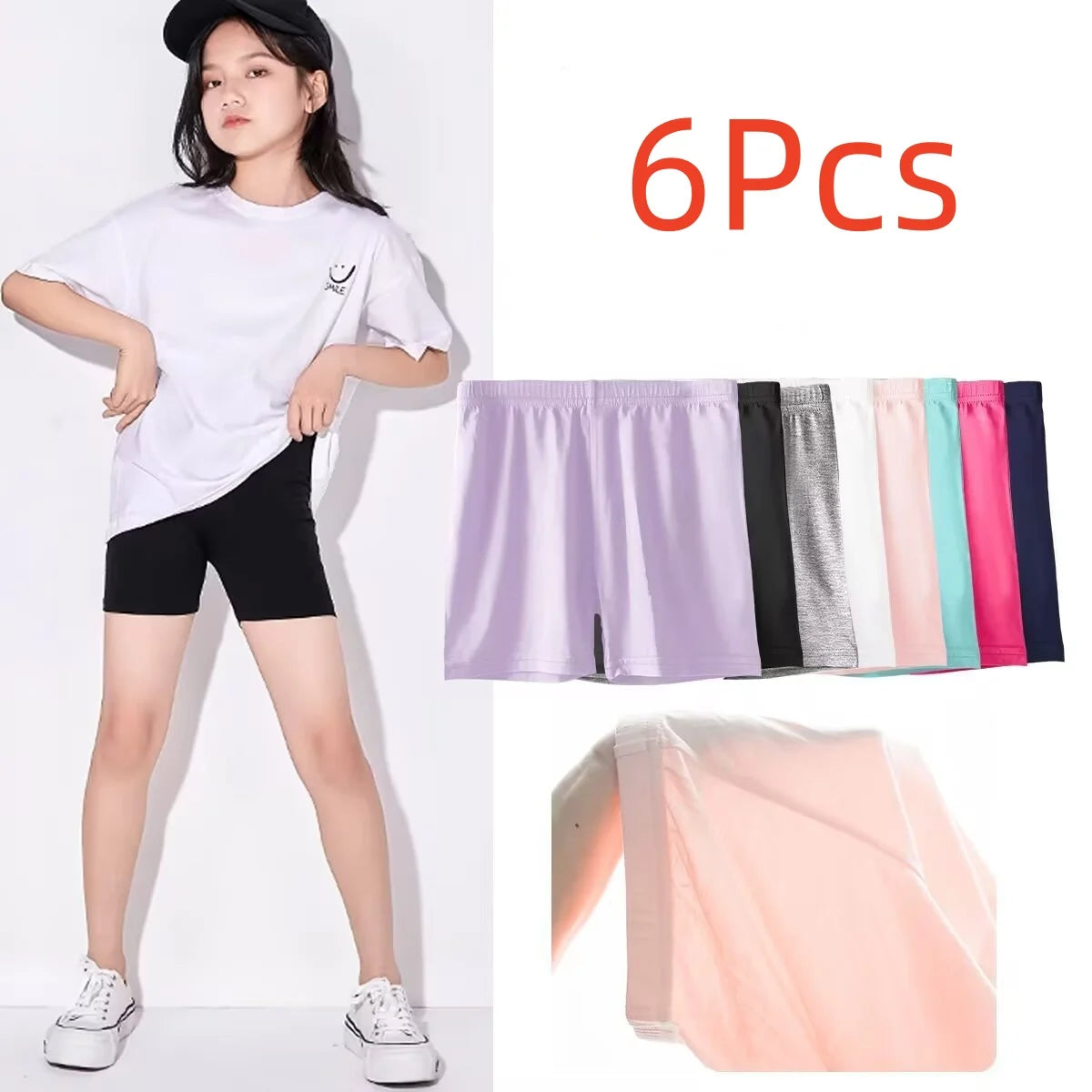 6Pcs Summer Solid Color Kids Leggings Girls Safety Shorts Leggings Girls' Beach Shorts Are Suitable for Children Aged 2-12 Years