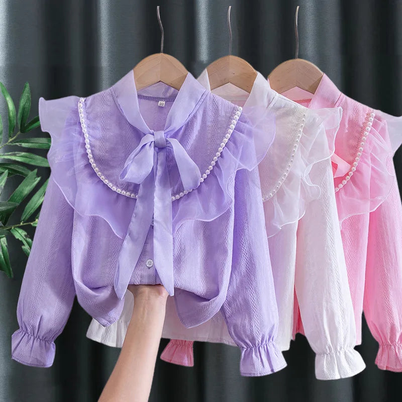 2025 Spring and Autumn New Girls' Bottom Shirt Children's Top Bow and Lotus Leaf Edge Shirt Blouse for Girls