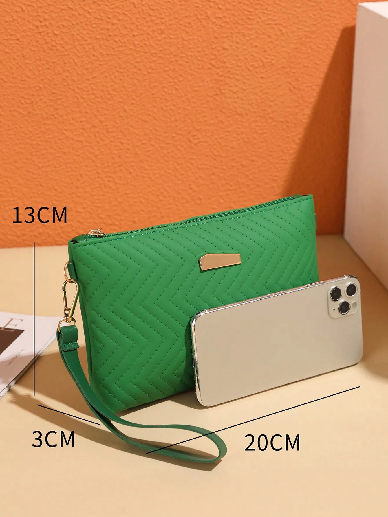 Green Quilted Chevron Mini Crossbody Bag with Gold Chain Strap