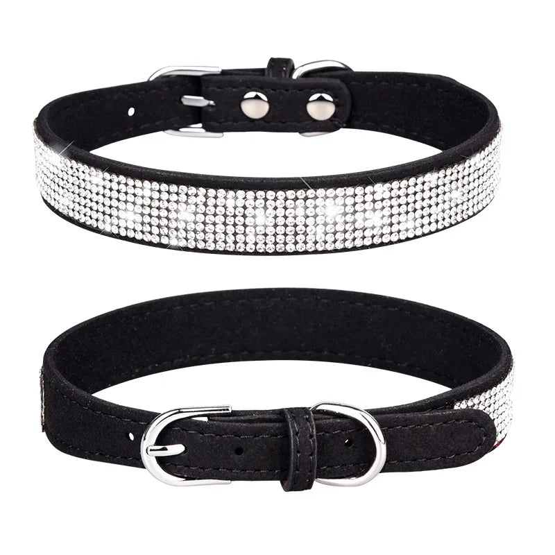 Adjustable collar shiny rhinestone dog collar small and medium-sized dog chain dog walking rope microfiber cat collar