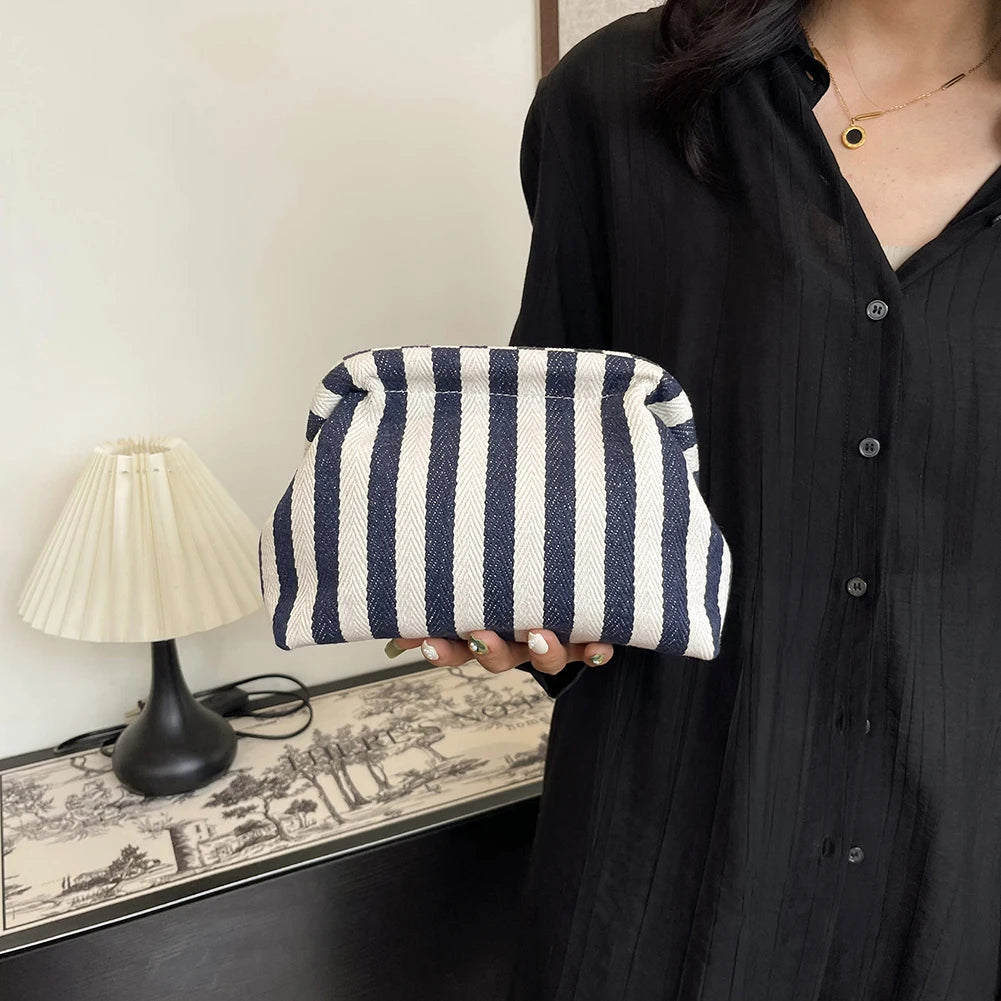 Summer Beach Clutch Bag for Women Striped Ruched Cloud Purse Colorblock Cute Pouch Hobo Bag for Travel Party Prom