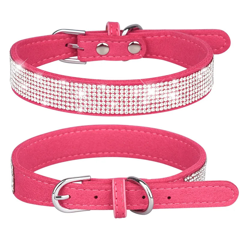 Adjustable collar shiny rhinestone dog collar small and medium-sized dog chain dog walking rope microfiber cat collar