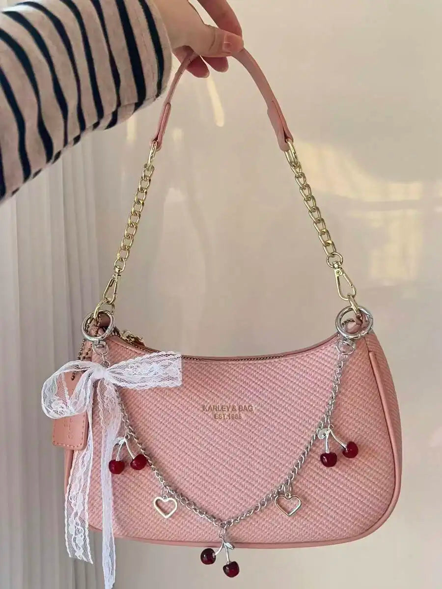 2025 New Fashion Crescent PU Leather Shoulder Bag with Cherry Charm, Crossbody or Underarm Wear