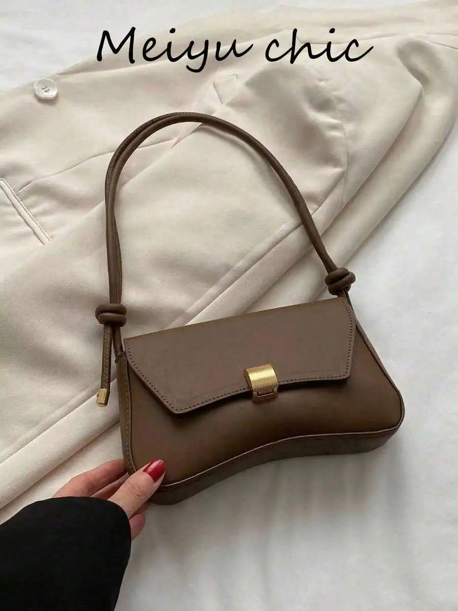 Minimalist Black PU Crossbody Bag with Gold Buckle and Knotted Strap